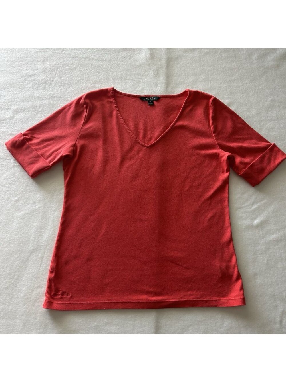Lauren Ralph Lauren Stretch Cotton Elbow-Sleeve V-Neck Shirt Size Large Red